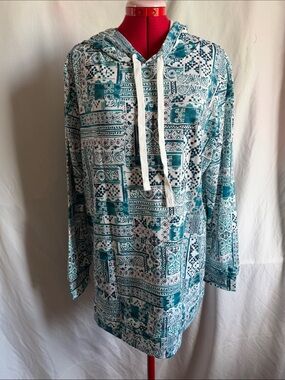 Printed Teal & White Hooded Sweatshirt